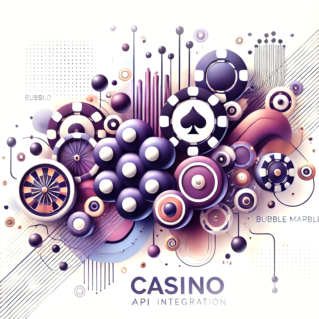 Abstract illustration representing casino API integration, featuring interconnected shapes symbolizing data flow and connectivity. The image uses shades of purple and dark purple against a white background, conveying themes of technology, seamless integration, and modernity